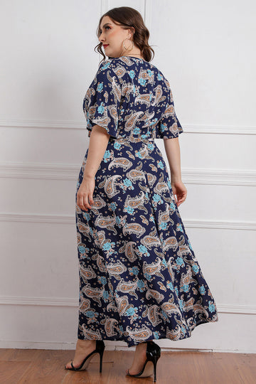 Plus Size Granatowa Sukienki Letnie z Krótki Rękaw